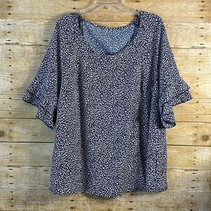 SHEIN Curve Women’s Navy White Print Top Blouse 3/4 Bell Sleeves EUC Size 3XL